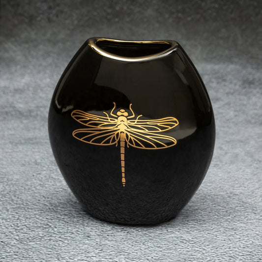 Ceramic vase with golden dragonfly print