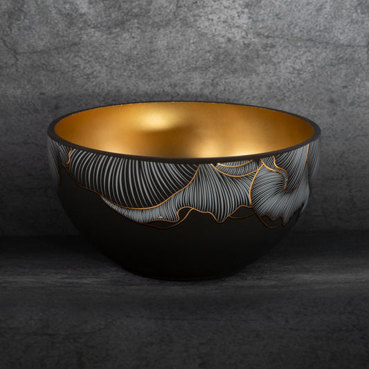 PEONIA schwarz-goldene Schale aus Kunstglas mit einem Motiv aus Pfingstrosenblättern