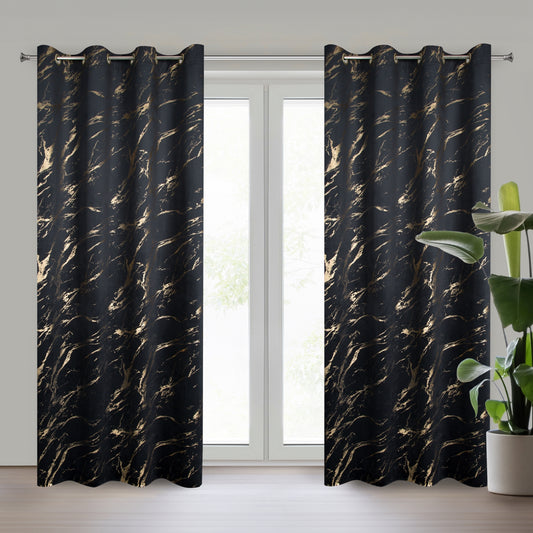 Gardine MOLLY-Vorhang aus Samt mit glänzenden GOLD-Ösen aus Marmor(2er Set), 140x250 cm, schwarz/gold